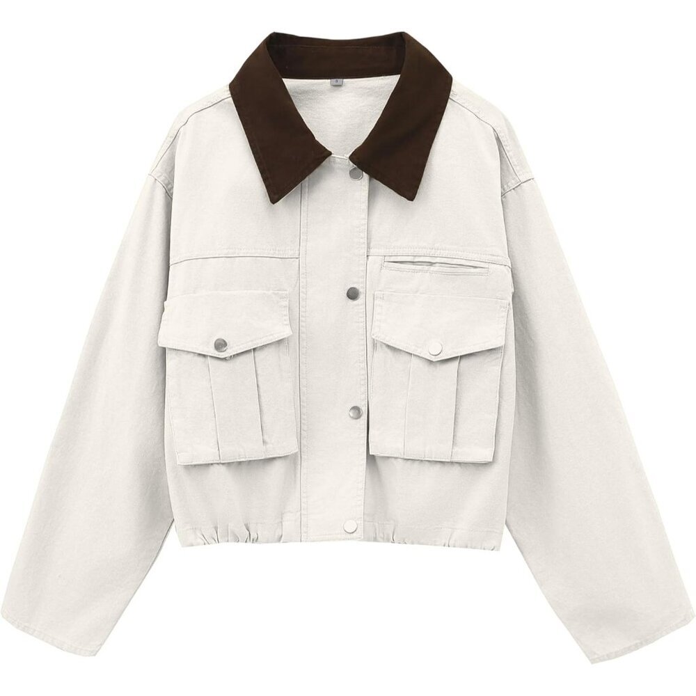 Women's Cream Cropped Contrast Collar Utility Coat Cargo Jacket Imported